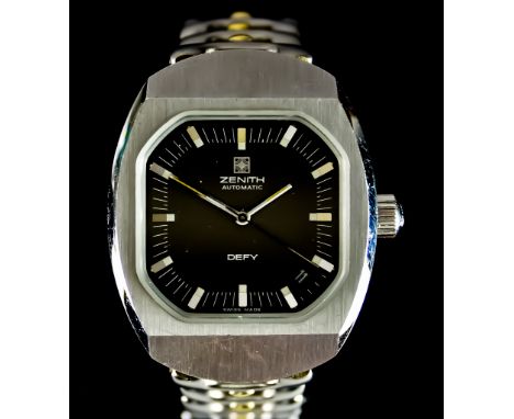A Gentleman's Automatic Wristwatch by Zenith, Model Defy, 46mm x 48mm stainless steel case, smoke coloured dial with silver b