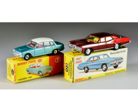 Two Dinky Toys&nbsp;Diecast Model Cars,&nbsp;No. 135 "Triumph 2000",&nbsp;with white over metallic greenbody, spun hubs, red 