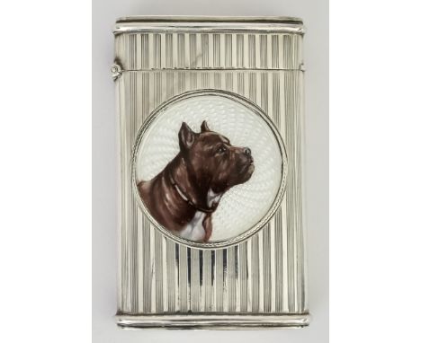 A Continental Silver and Enamel Rectangular Card Case stamped 935 Standard, the front circular cartouche enamelled with dog h
