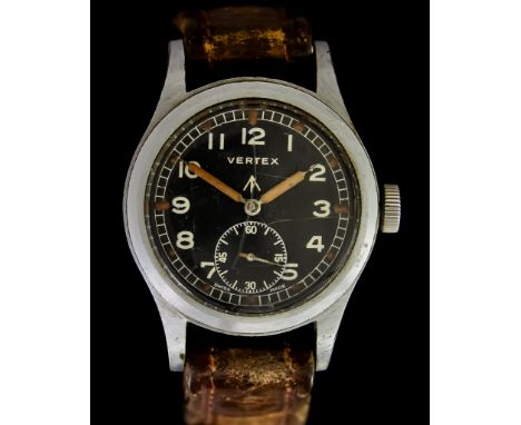A Manual Wind Military Wristwatch by Vertex, 35mm silvery metal case, black dial with Roman baton numerals and broad arrow, s