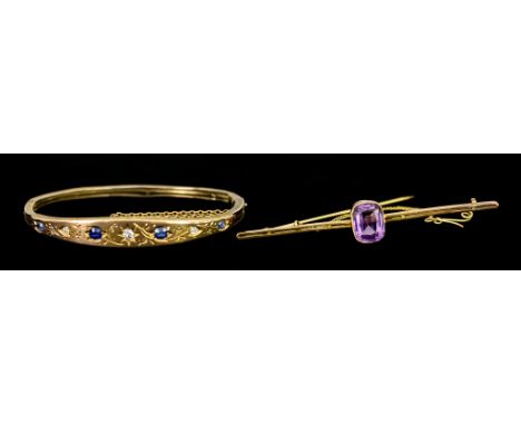 Two 9ct Gold Gem Set Items, comprising - a stiff bangle, set with faceted blue and white stones, 60mm diameter, a bar brooch 