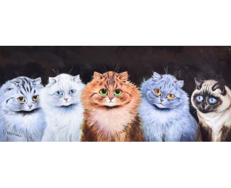 Louis Wain (1860-1939) - Gouache - "Five Cats", study of five cats' heads, signed, 9.5ins x 22ins, in gilt moulded frame and 
