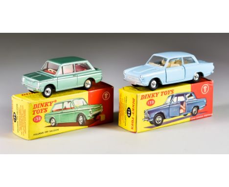 Two Dinky Toys&nbsp;Diecast Model Cars, No. 138 "Hillman Imp Saloon", with metallic green body, spun hubs, red interior, and 