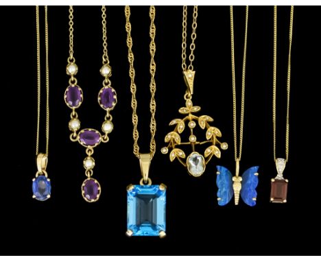 Six Faceted Gem Set and Other Pendants, suspended from a 9ct gold chain, comprising - one blue topaz, one butterfly, one crys