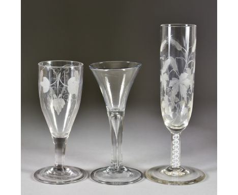 Three Wine Glasses, including - 18th Century ale glass with drawn elongated ogee bowl engraved with hops over plain stem and 