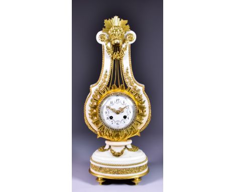 A 19th Century French White Marble and Gilt Brass Mounted Lyre Pattern Mantel Clock,&nbsp;by A. Mougin,&nbsp;No. 127426, the 