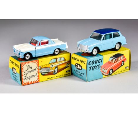 Two Corgi Toys&nbsp;Diecast&nbsp;Model Cars, No. 231 "Triumph Herald Coupe", with blue over white body, shaped hubs, red inte