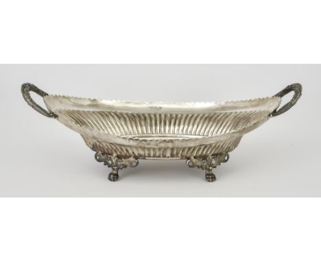 A George V Silver Oval Two-Handled Dish by Walker &amp; Hall, Sheffield 1915, with shaped rim and part-reeded body, handles c