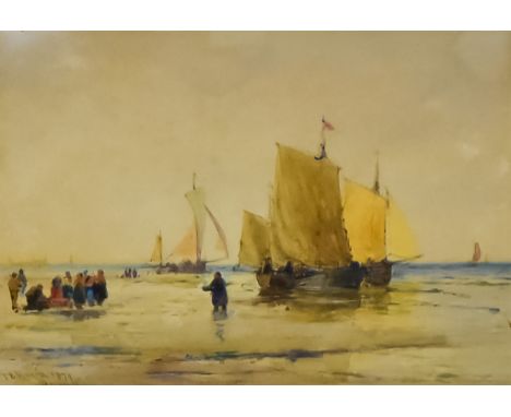 Thomas Bush Hardy (1842-1897) - Watercolour - "Berck" - Beached fishing boats with fisherfolk to foreground, signed, inscribe