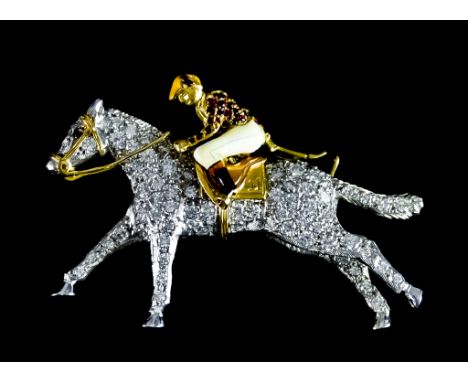 A Diamond and Enamel Set Brooch, in the form of a racehorse and jockey, by Alabaster &amp; Wilson (Est. 1987), yellow and gol