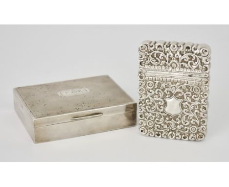 A White Metal Cast Rectangular Card Case and a Silver Cigarette Box, the card case unmarked, chased and cast with shield-shap