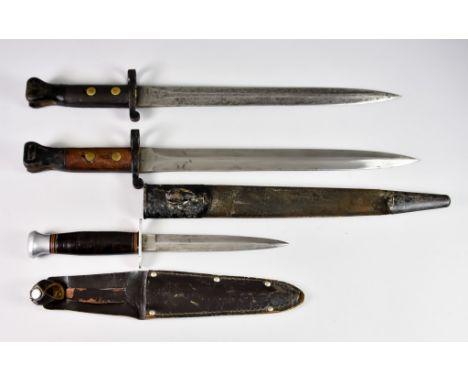Two Lee Metford Bayonets, both with bright steel double-edged 12ins blades, one with scabbard, one without, one marked crown 