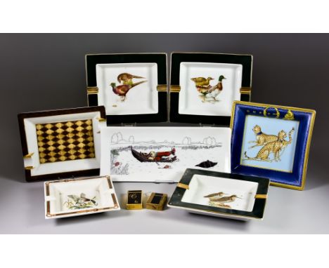 Six Porcelain Ashtrays, including - a Porcelaine de Paris square ashtray decorated with Chasses Royales, 7.25ins x 7.25ins, a