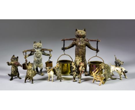 A Selection of Small Cold Painted Cat Bronzes, in the Austrian manner, comprising: - a cat holding two kittens, a cat chastis