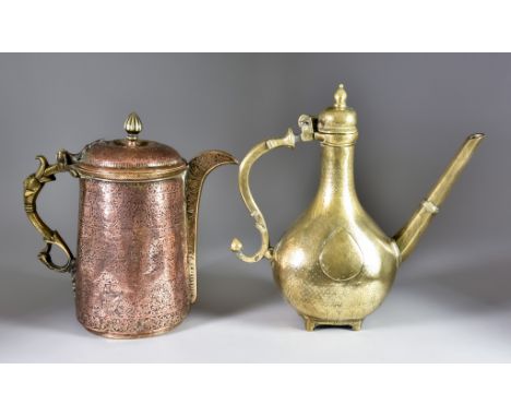 An Indian Mughal Brass Ewer and a Copper and Brass Ewer, the brass ewer with pear-shaped body, raised and incised decoration,