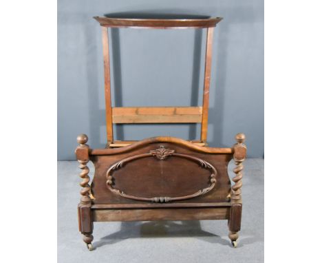 A Victorian&nbsp;4ft 6ins Mahogany Half-Tester Bedstead, with curved canopy, arched and panelled footboard with Solomonic tur