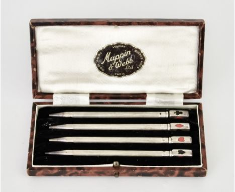 A Set of Four 20th Century Sterling Silver and Enamel Bridge Propelling Pencils, stamped Sterling England, with engine turned