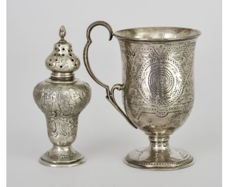A Victorian Silver Christening Mug and a German Shaker, the christening mug by Alexander Macrae, London 1864, engraved with c