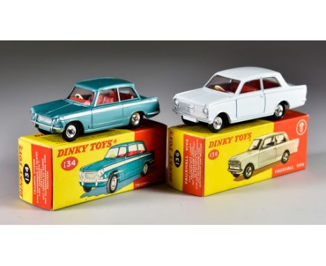 Two Dinky Toys&nbsp;Diecast Model Car, No. 134 "Triumph Vitesse", with metallic turquoise body with white detailing, spun hub