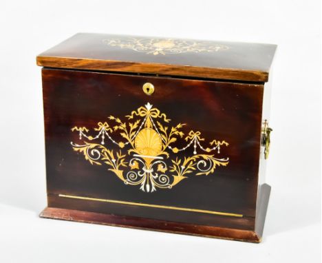 An Edwardian Rosewood and Mahogany Rectangular Stationery Casket, the lid and fall front inlaid with shell, floral and leaf s