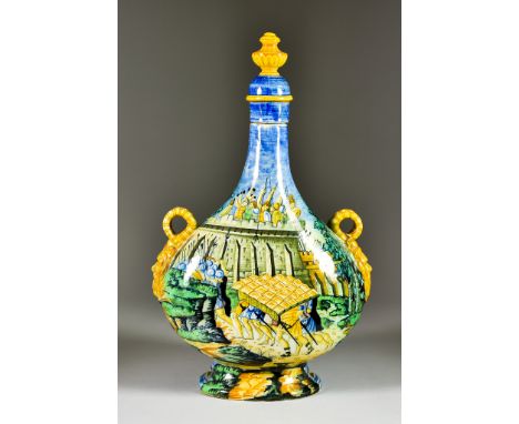 A Late 19th Century Maiolica Pilgrims Flask and Cover in Urbino Style, with a continuous renaissance scene of a castle under 