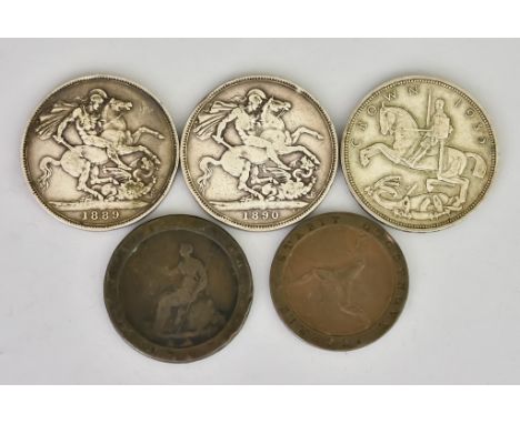 A George III Cartwheel Two Pence, 1797, fair/fine, A George III Cartwheel Penny, Fair/fine, 2 x Victoria Jubilee Head Crowns,
