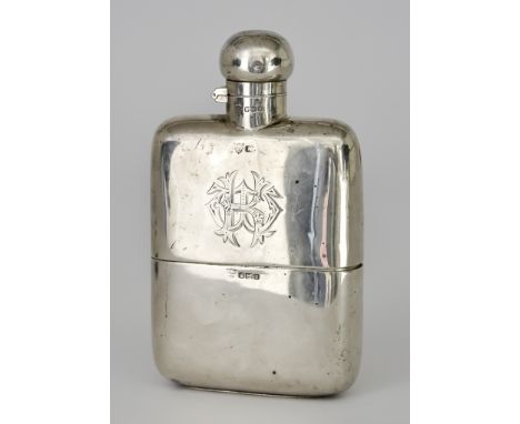An Edward VII Silver Rectangular Hip Flask by G &amp;J W Hawksley, Sheffield 1906, with bayonet cap, engraved with monogram a