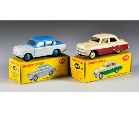 Two Dinky Toys&nbsp;Diecast Model Cars, No. 175 "Hillman Minx Saloon", with blue over grey body, blue spun hubs, and No. 164 