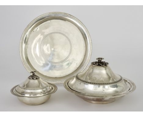 Two Early 20th Century Iraqi Silver Circular Dishes and Covers and a Plate, one dish and cover, 1933-34, with floral and leaf