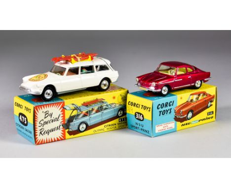 Two Corgi Toys Diecast Model Cars,&nbsp;No. 316 "N.S.U. Sport-Printz", with metallic pink body, shaped hubs, lemon interior, 