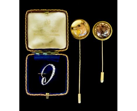 A Small Quantity of Brooches, comprising - two 9ct gold stick pins, each mounted with an Essex crystal, one painted in the fo