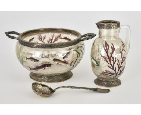 A Victorian Silver Gilt Mounted and "Crackle" Glass Cream Jug, Matching Two-Handled Sugar Bowl and Sugar Sifter Spoon&nbsp;by