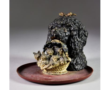 An Austrian Cold Painted Bronze Inkwell, Late 19th / Early 20th Century, in the form of a poodle head with a basket of kitten