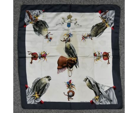 A Hermes Silk Scarf - "Chasse a Vol", designed by Henri de Linares (1904-1987), in gray and cream twill, 35ins square, with o