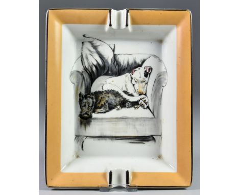 A Hermes Porcelain Rectangular Ashtray, decorated with two dogs in chair after Cecil Aldin (1870-1935), gilt edged, 7.75ins x