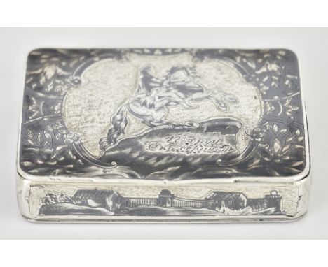 A Russian Silver and Niello Rectangular Snuff Box,&nbsp;stamped 84 standard and with other marks, the lid decorated with eque