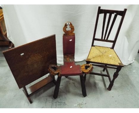 Lot to include a small fold top table / fire screen, milking stool and hall chair. [3]