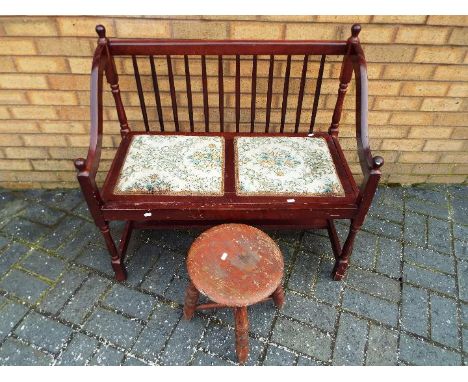 Furniture - A solid wood and upholstered household bench with a small solid wood stool, bench dimensions 94cm width by 88cm h