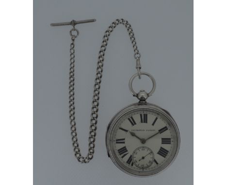 An Edward VII silver open faced pocket watch and chain, the case by the Lancashire Watch Company Ltd (Thomas Peter Hewitt), C