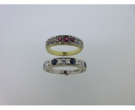 A nine stone ruby and diamond ring and a seven stone sapphire and diamond ring, the first designed as a tapered line of bead-