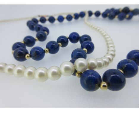 A lapis lazuli bead necklace together with a cultured pearl necklace, the uniform 8mm lapis lazuli beads alternating with 3mm