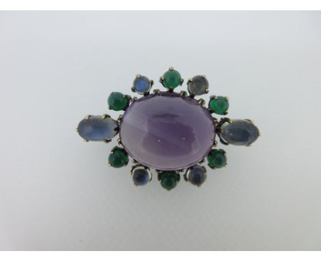 An Arts and Crafts amethyst, moonstone and chrysoprase brooch, formerly with the Tadema Gallery, the oval cabochon amethyst i