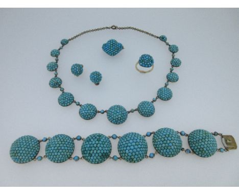 A Victorian matched parure of turquoise jewellery, comprising a bracelet, necklace, earclips, brooch and ring: the bracelet w