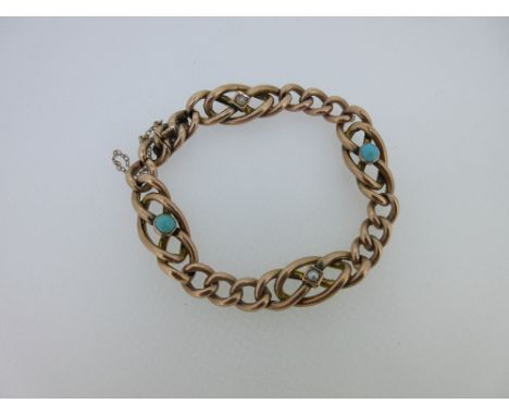 A rose coloured bracelet set with turquoise and seed pearls, the hollow curb chain links spaced with a total of four fixed li