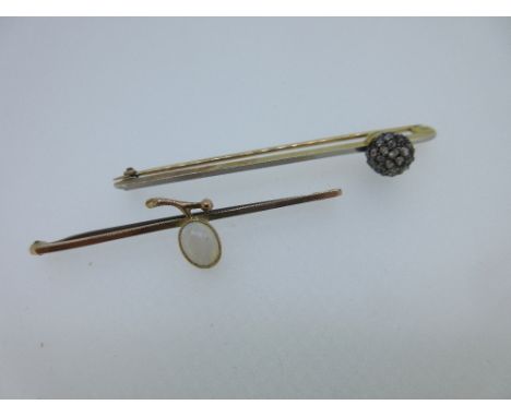 A diamond bar brooch and an opal one, the first a plain narrow bar with a raised ball part way along pavé set with small old 