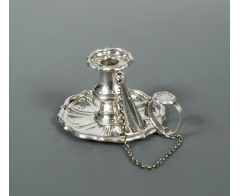 A George IV silver child's chamberstick and snuffer, by Wilmot &amp; Roberts, Birmingham 1825, with scalloped edge and fluted
