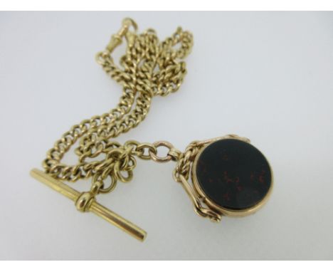 A necklace length 18ct gold 'Double Albert' watch chain with T-bar suspending a hardstone swivel fob, the curb link watch cha