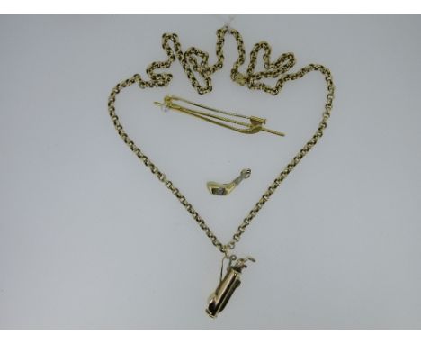 A 9ct gold chain with two golfing pendants and another golfing brooch, the belcher link chain by Unoaerre, London import hall
