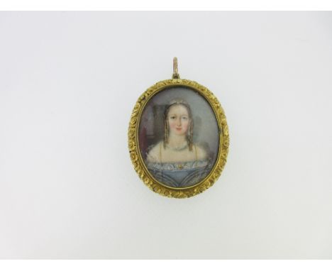 An early Victorian double-sided pendant with a portrait miniature front and hairwork back, the oval pendant with cast foliate