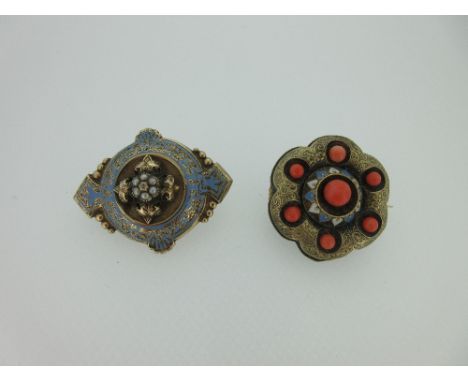 A Victorian enamel, seed pearl and diamond brooch, and another similar with coral and enamel, both brooches with vacant glaze